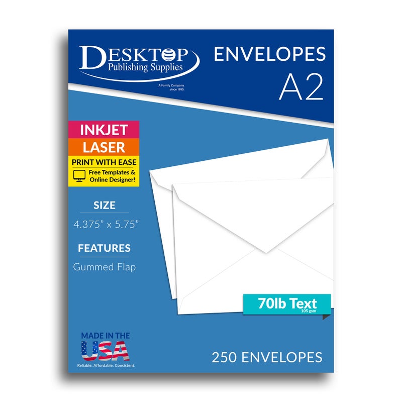 Desktop Publishing Supplies White 5 1/2 Bar Envelopes - A2 Size 4 3/8" x 5 3/4" - Heavyweight 70lb Text with Pointed Flap - 250 Envelopes - Image 1
